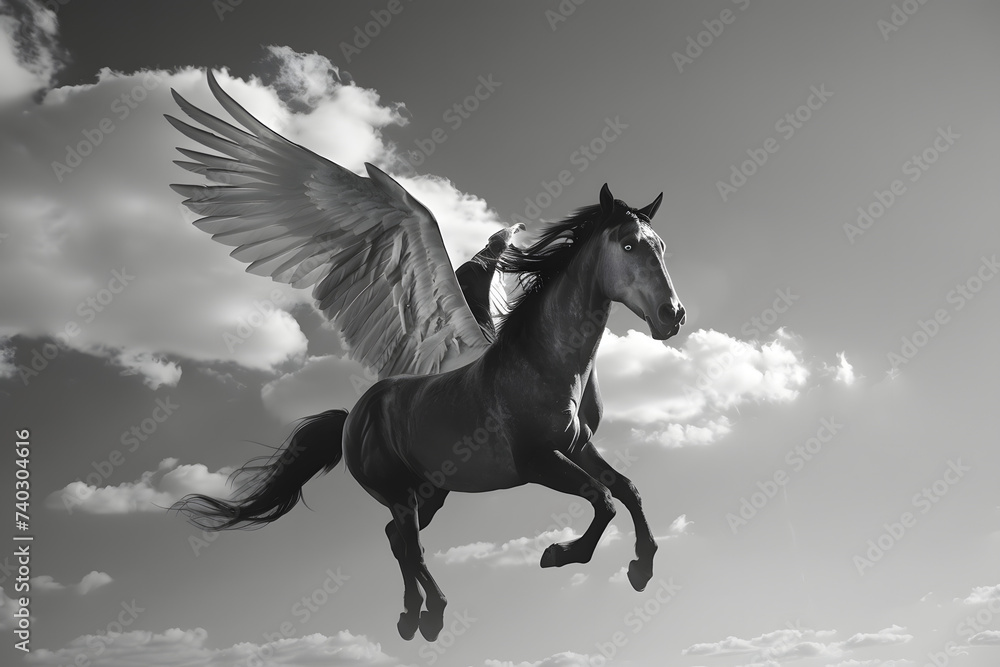 Naklejka premium Unicorn flying through the air, flying horse, horse, animal, fantasy animal, animal horse