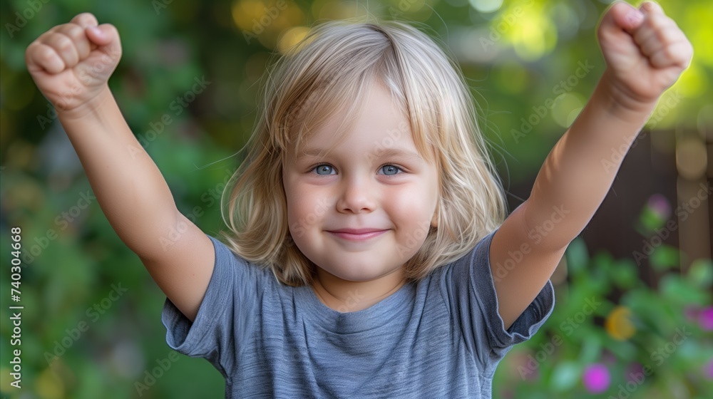 Joyful toddler celebrating success with raised fists in nature Joyful toddler celebrating success with raised fists in nature