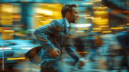 A businessman runs quickly against the backdrop of blurred city lights, symbolizing the endless day of a workaholic