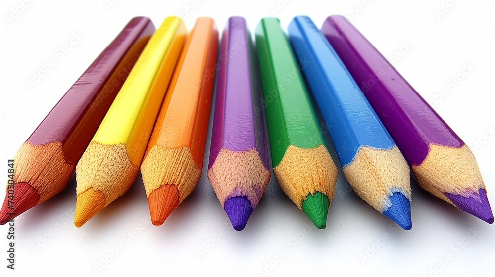 Array of sharp colored pencils lined up on white background Array of sharp colored pencils lined up on white background