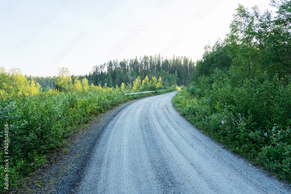 A slightly curvy gravel road leading through a lush environment near Kuusamo, Northern Finland