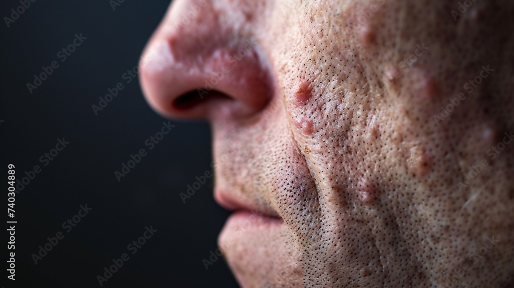 Vue sur le visage d'un homme avec des boutons d'acnée sur fond noir » IA générative Vue sur le visage d'un homme avec des boutons d'acnée sur fond noir » IA générative