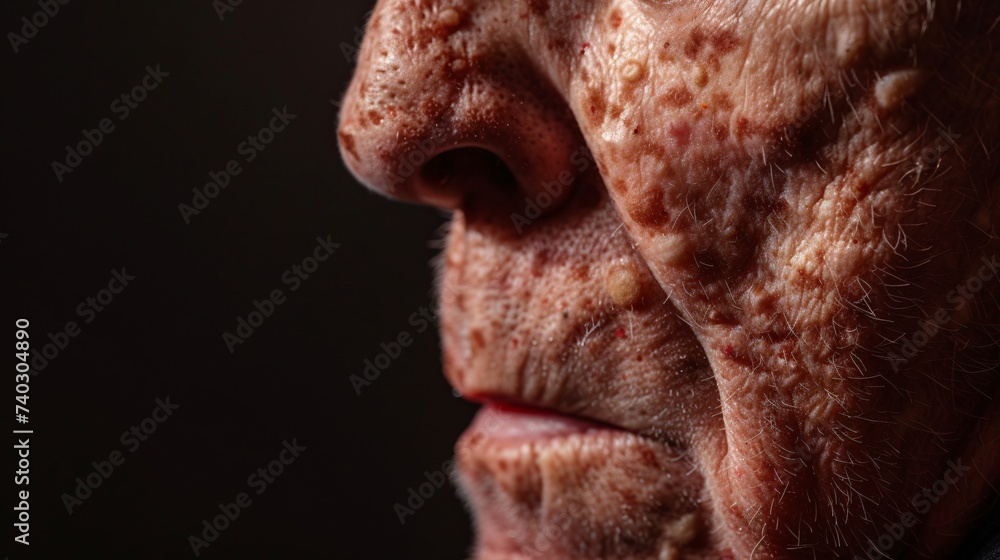 Gros plan sur le visage abimé d'un vieil homme avec boutons » IA générative Gros plan sur le visage abimé d'un vieil homme avec boutons » IA générative
