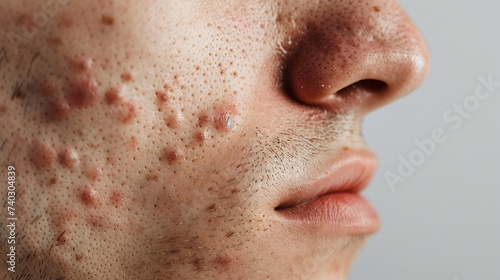 Gros plan sur le visage d'un adolescent avec de l'acnée sur fond gris » IA générative photo