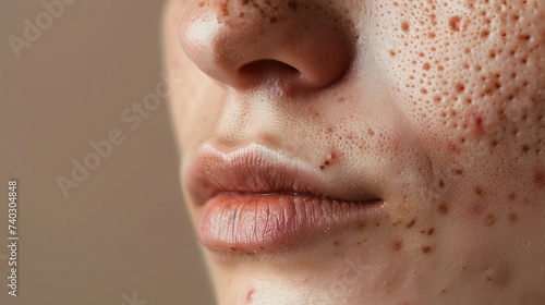 Vue du visage d'un adolescent abimé par l'acnée sur fond beige » IA générative