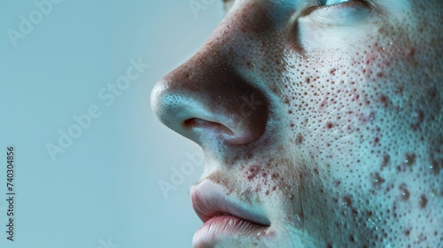 Gros plan sur le visage d'un adolescent avec de l'acnée sur fond bleu » IA générative