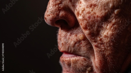 Gros plan sur le visage abimé d'un vieil homme avec boutons » IA générative photo