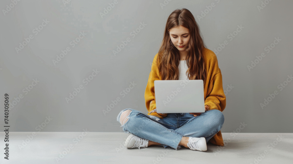 A young woman in a yellow sweater and jeans sits on the floor with her legs crossed, engrossed in her laptop. A young woman in a yellow sweater and jeans sits on the floor with her legs crossed, engrossed in her laptop.