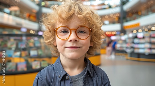 Curly haired boy with orange glasses smiling in shopping mall