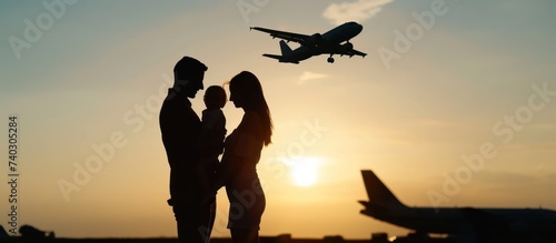 Silhouette of young family in airport and whit air plane sunset