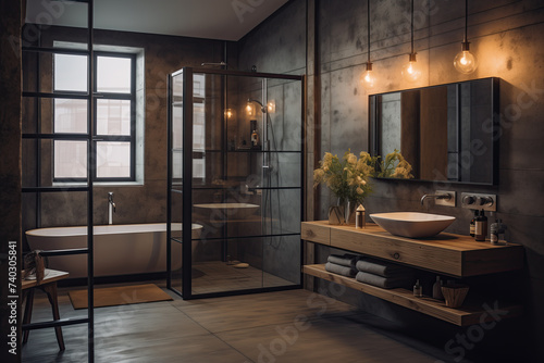 A stylish bathroom featuring a mix of modern and industrial design elements  with a glass shower  wooden vanity  and ambient lighting.