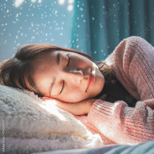 Eine junge Frau träumt im Schlaf, während sie auf einem Bett im flauschigen Pulli liegt