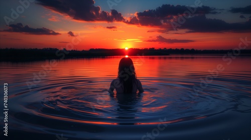 Serene sunset swim: Woman embracing nature's beauty by the lake