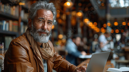 Portrait of handsome mature man with grey beard using laptop in cafe