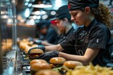 Fast-food worker assembling a burger 