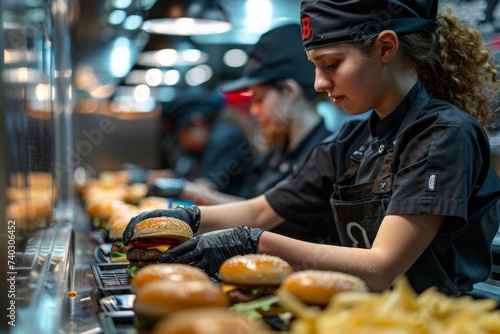 Fast-food worker assembling a burger 