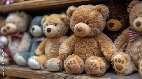 Assorted teddy bears on display shelf in toy store or nursery