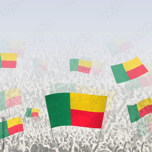 Crowd of people waving flag of Benin square graphic for social media and news.