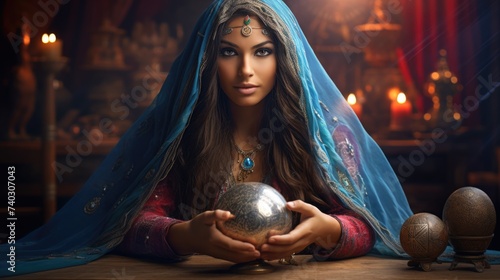 Beautiful female fortune teller guessing future at the table with magic crystal ball and burning candles. AI Generated 