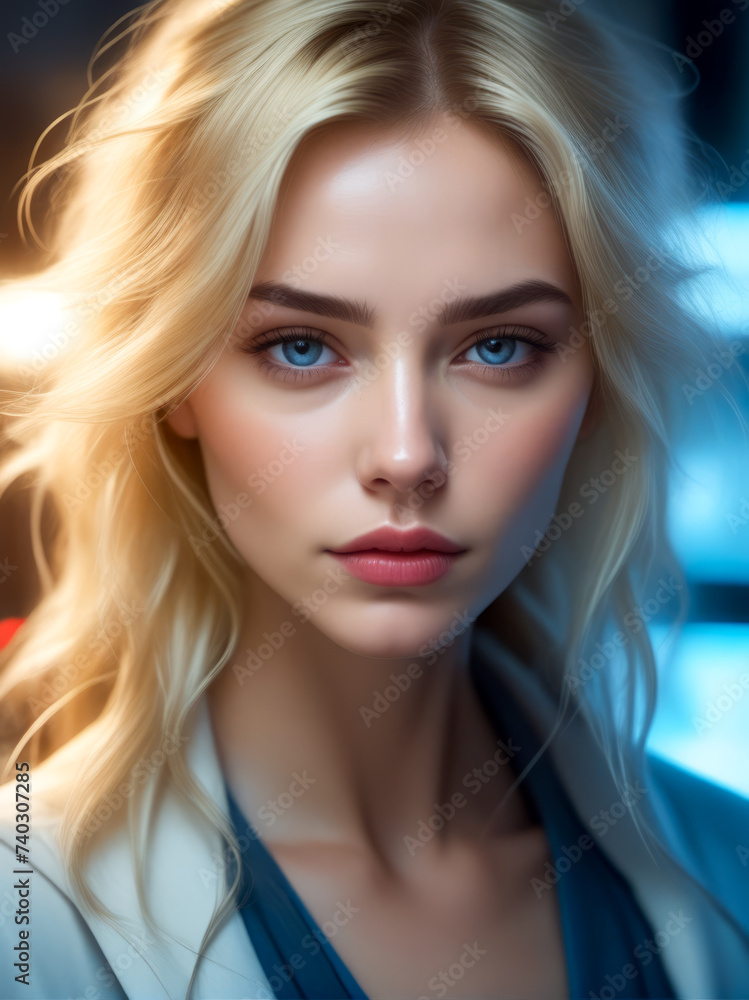 Digital painting of woman with blonde hair and blue eyes looking at the camera. Digital painting of woman with blonde hair and blue eyes looking at the camera.