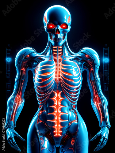 Skeleton with glowing red eyes is shown in this 3d image of human body.