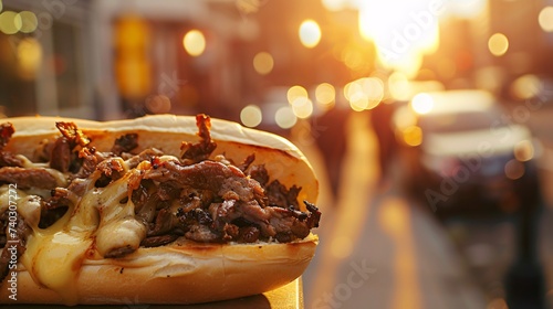 Un délicieux sandwich steak fromage dans une rue au coucher du soleil » IA générative