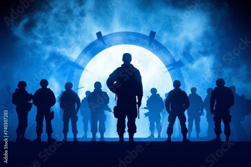 Silhouetted Soldiers with Futuristic Gateway