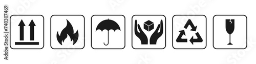 Common packaging. Warning symbol set. Fragile, recycle, handle with care, Indoor use only. Vector photo