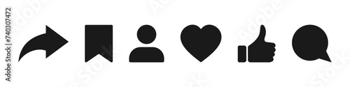 Social media icons. Like, thumb up, heart, comment, share, save. Simple black style symbol. Vector