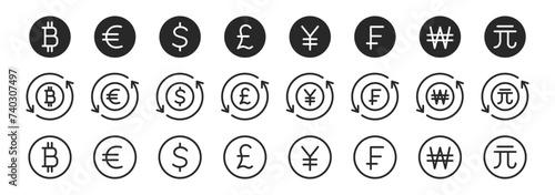 International currency icons set. Money and currency exchange. Dollar, Bitcoin, Euro, Franc, Yen, Won. Vector illustration