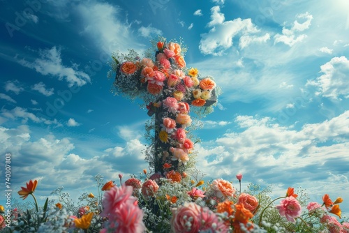 Visual metaphor of a cross adorned with flowers, Easter symbol