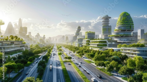 A vehicle navigates a thoroughfare surrounded by futuristic skyscrapers, illuminated by automotive lighting, with plants and trees lining the asphalt. AIG41