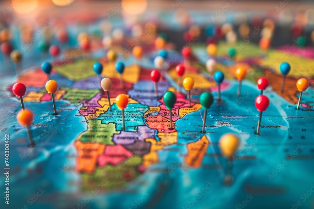 traveler's map covered in colorful pushpins marking visited locations traveler's map covered in colorful pushpins marking visited locations