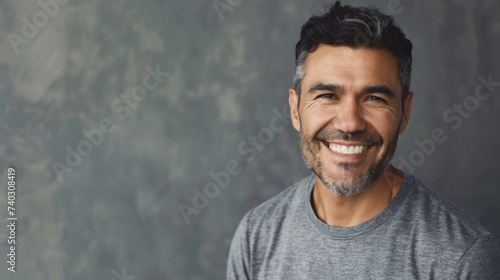 A cheerful man with curly hair smiles widely, wearing a light blue shirt against a white background.