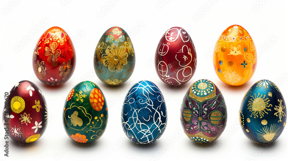 Easter colored eggs with paintings on them arranged in geometrical pattern on a solid white background Easter colored eggs with paintings on them arranged in geometrical pattern on a solid white background