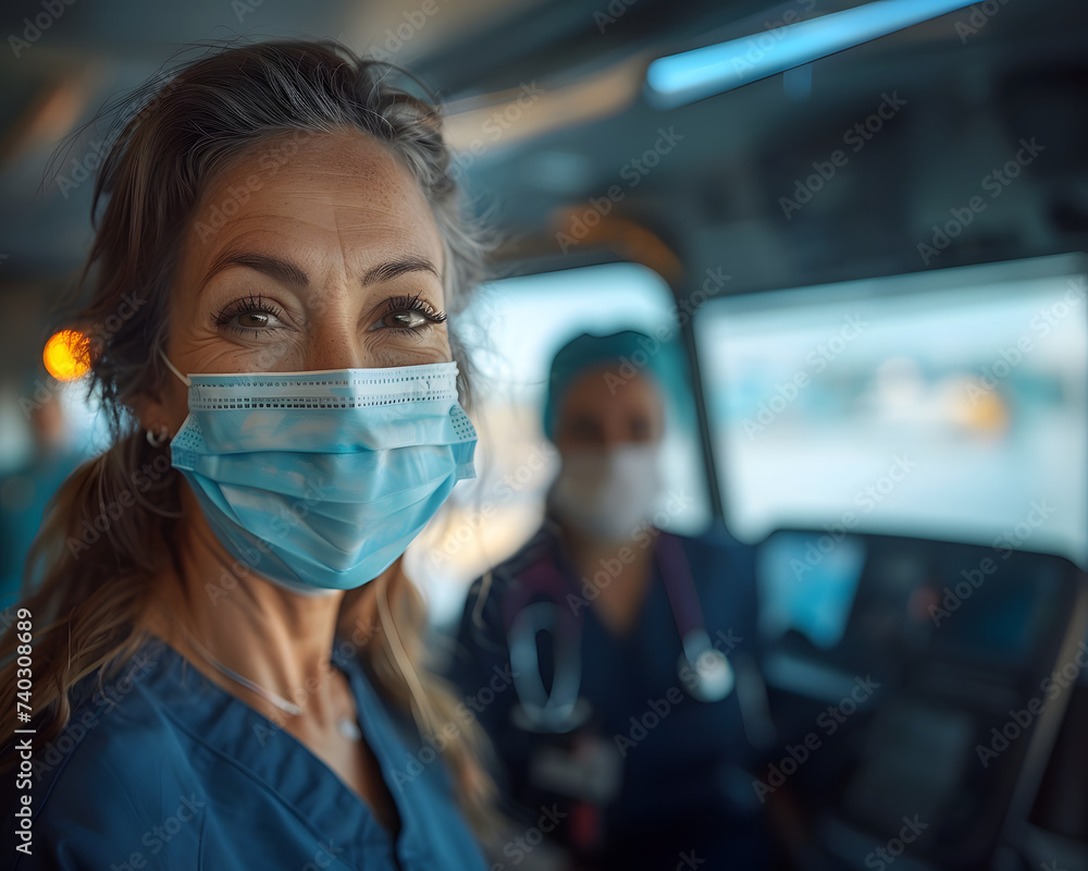 Female Healthcare Professional in Blue Mask Aboard a City Bus During the Pandemic. World Health Day