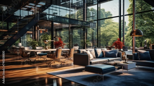 Spacious Living Room With Abundant Furniture and Large Windows © Taufiq