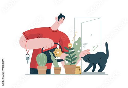Mutual Support: Look after neighbor's house -modern flat vector concept illustration of man watering plants, looking after neighbors' cat A metaphor of voluntary, collaborative exchanges of services