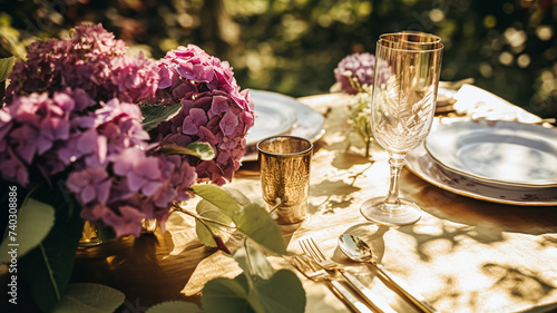 Wedding or formal dinner holiday celebration tablescape with hydrangea flowers in the English countryside garden  table setting and wine  floral table decor for family dinner party  home styling