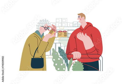 Mutual Support: Helping a visually impaired person -modern flat vector concept illustration of man offering to read label for woman in supermarket A metaphor of voluntary, collaborative exchanges