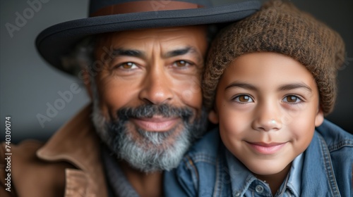 Grandfather and grandson sharing a warm smile in stylish hats © OKAN