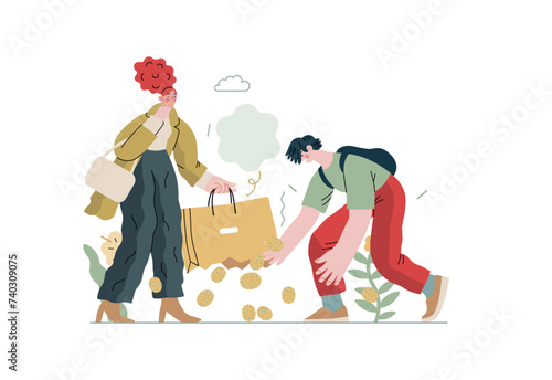 Mutual Support: Pick up fallen item -modern flat vector concept illustration of man collecting fruits that fell from woman's bag A metaphor of voluntary, collaborative exchanges of resource, services