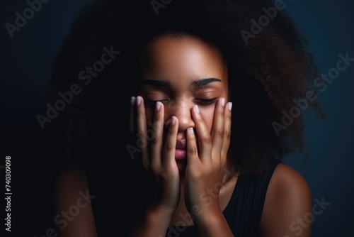 Distressed African American Woman Covering Face. An emotional portrait of a distressed African American woman covering her face with hands, isolated on a dark background.