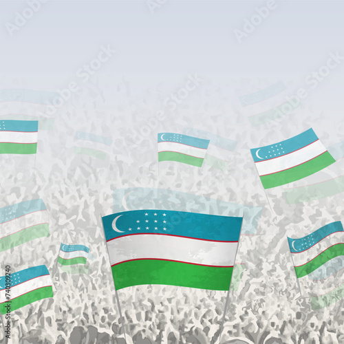 Crowd of people waving flag of Uzbekistan square graphic for social media and news.