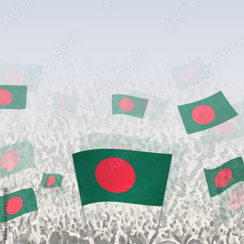 Crowd of people waving flag of Bangladesh square graphic for social media and news.