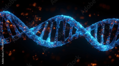 Glowing dna strand with sparkling particles on dark background
