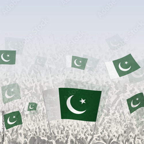 Crowd of people waving flag of Pakistan square graphic for social media and news.