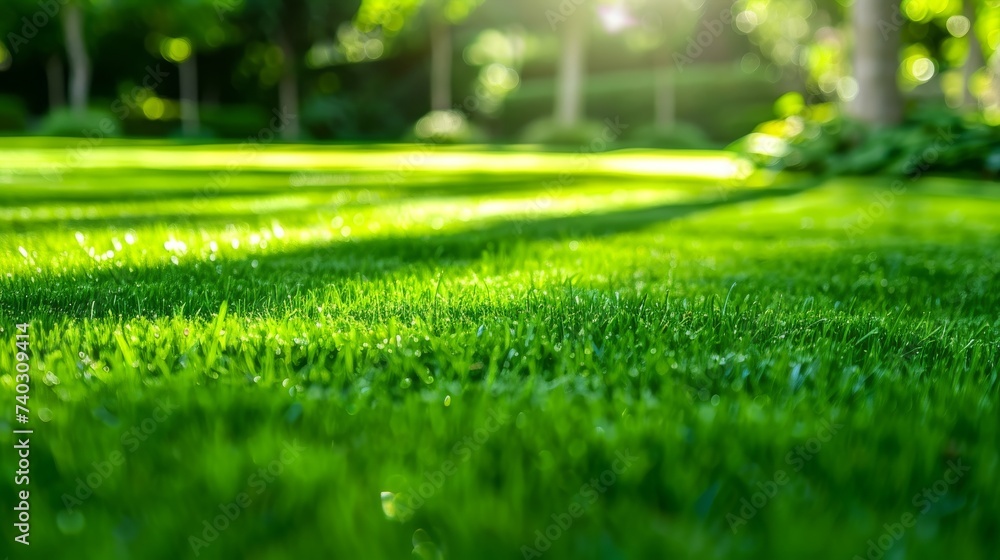 Morning dew on a vibrant green lawn bathed in sunlight. Lush backyard garden with bright green grass in the serene sunlight.