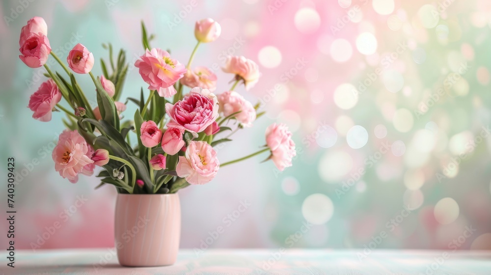 Fresh pink tulips in a pastel vase with a soft bokeh light background. Bright spring bouquet of blooming tulips on a table with romantic pastel lighting. Fresh pink tulips in a pastel vase with a soft bokeh light background. Bright spring bouquet of blooming tulips on a table with romantic pastel lighting.