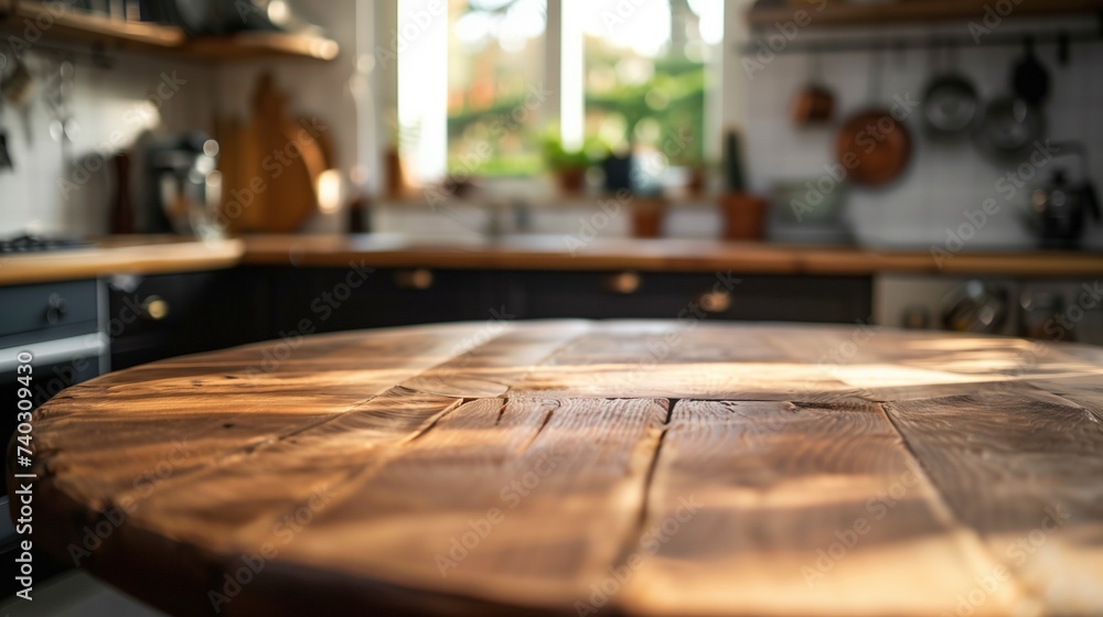 Rustic Wooden Table in a Cozy Sunlit Kitchen Rustic Wooden Table in a Cozy Sunlit Kitchen